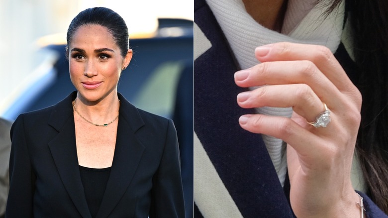 Side-by-sides showing Meghan Markle and a close-up of her natural manicure
