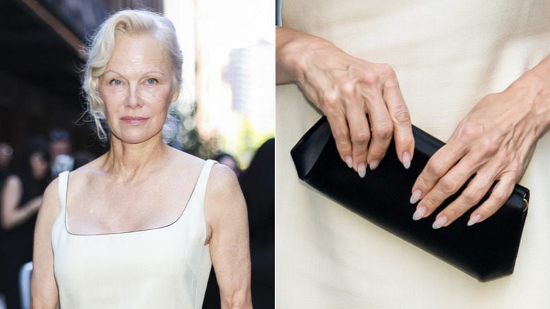 Side-by-sides showing Pamela Anderson and a close-up of her natural manicure