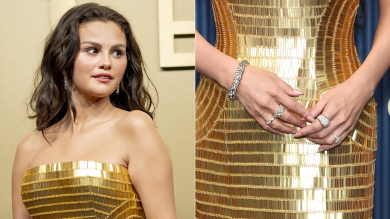 Side-by-sides showing Selena Gomez and a close-up of her natural manicure