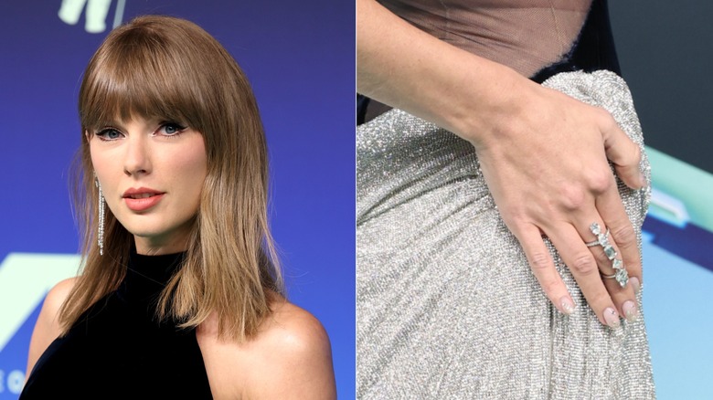 Side-by-sides showing Taylor Swift and a close-up of her natural manicure