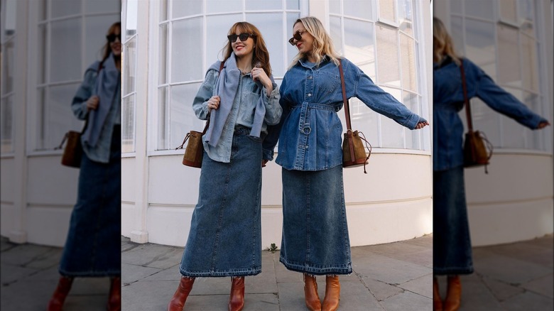 Women wearing denim maxi skirts