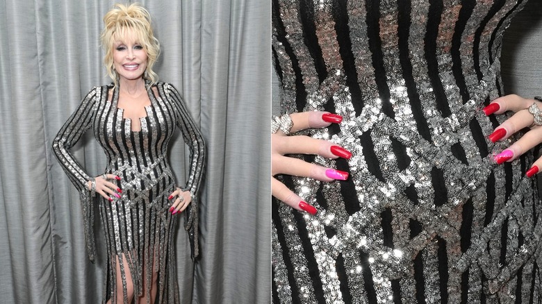 Dolly Parton at the Rock & Roll Hall of Fame Induction Ceremony in a black and silver dress
