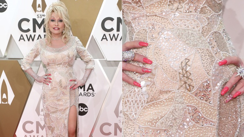 Dolly Parton in a cream shimmery dress at the CMA Awards in 2019