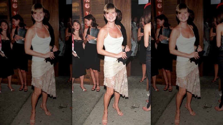 Kate Moss in 2001 in a white halter top and sheer skirt in New York