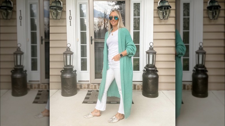 Woman wearing a long cardigan