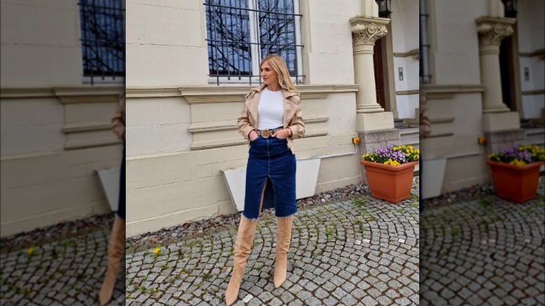 Woman wearing a denim skirt