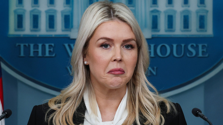 Karoline Leavitt giving a speech at the White House in March 2026