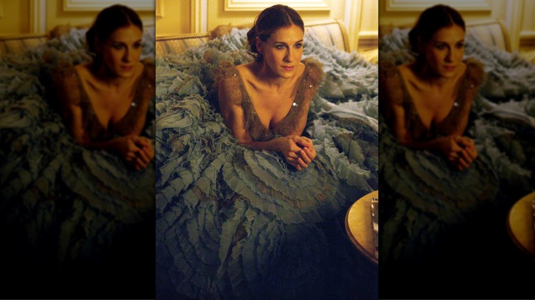 Sarah Jessica Parker as Carrie Bradshaw wearing a Versace "Mille Feuille"  gown
