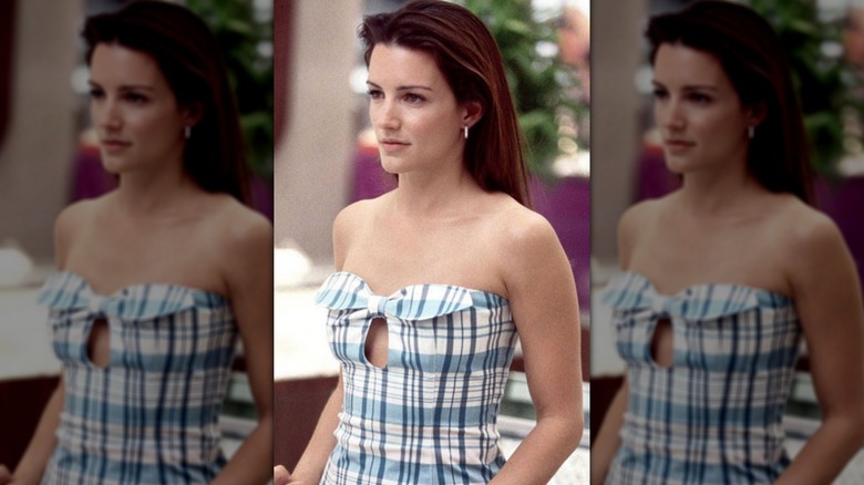 Kristin Davis as Charlotte York wearing a plaid Moschino dress