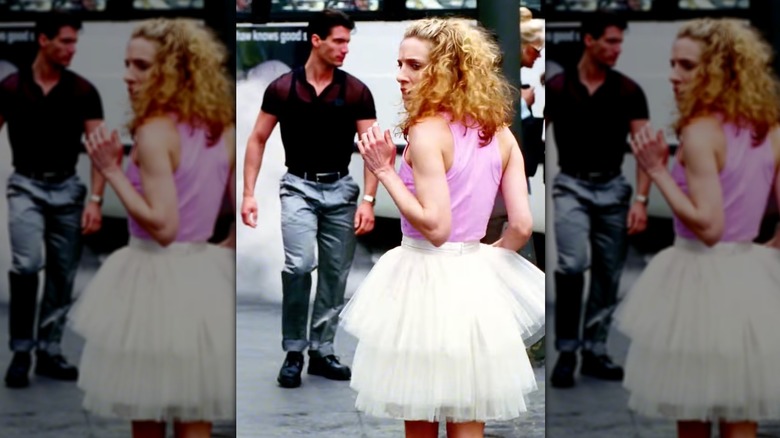 Sarah Jessica Parker as Carrie Bradshaw wearing white tutu and pink top