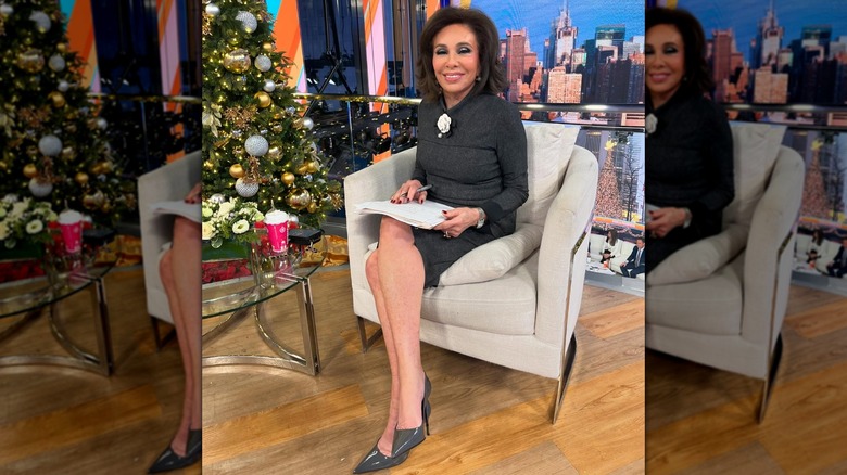 Judge Jeanine Pirro in a leg-baring dress next to a Christmas tree