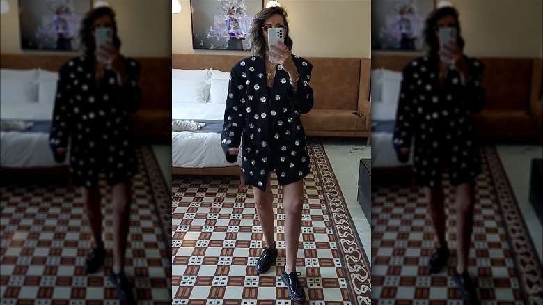 Woman wearing floral blazer