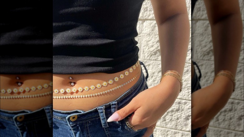 Floral waist chain on body
