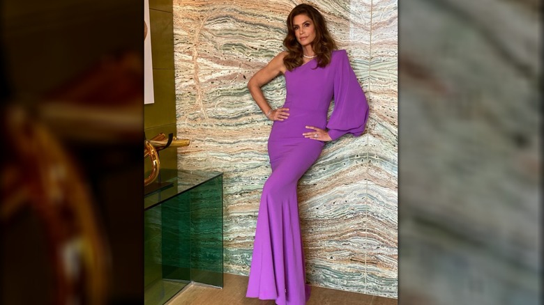 Cindy Crawford in Alex Perry purple dress