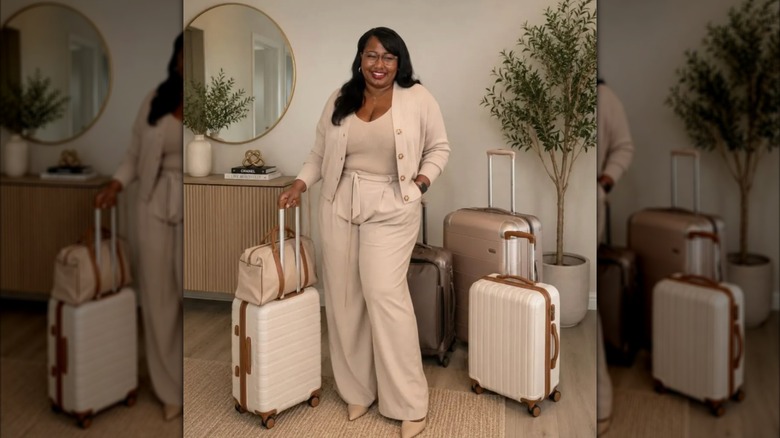 A woman in cream tones with her suitcases showing a travel outfit