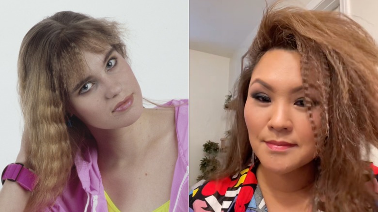A woman in the 80s with crimped hair and a woman on TikTok with crimped bangs
