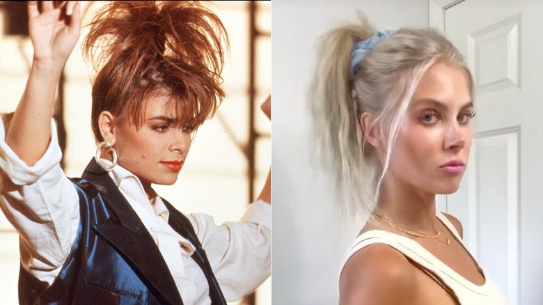 Paula Abdul in 1988 with a high ponytail and a TikToker with a high ponytail and scrunchie