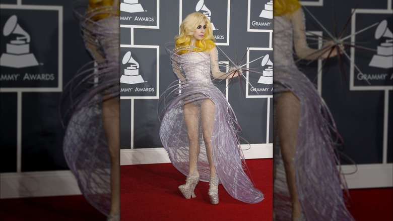 Lady Gaga wear purple hued glittery gown with ombre blond hair