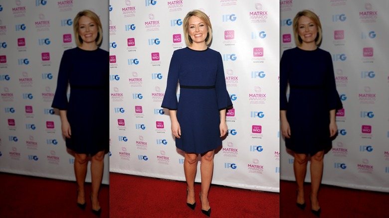 Dylan Dreyer on the red carpet of the 2018 Matrix Awards in 2018, wearing a navy blue dress