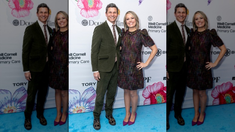 David Burtka and Dylan Dreyer smiling and posing for a photo together on the red carpet of the 6th Annual Playground Committee Luncheon in March 2022