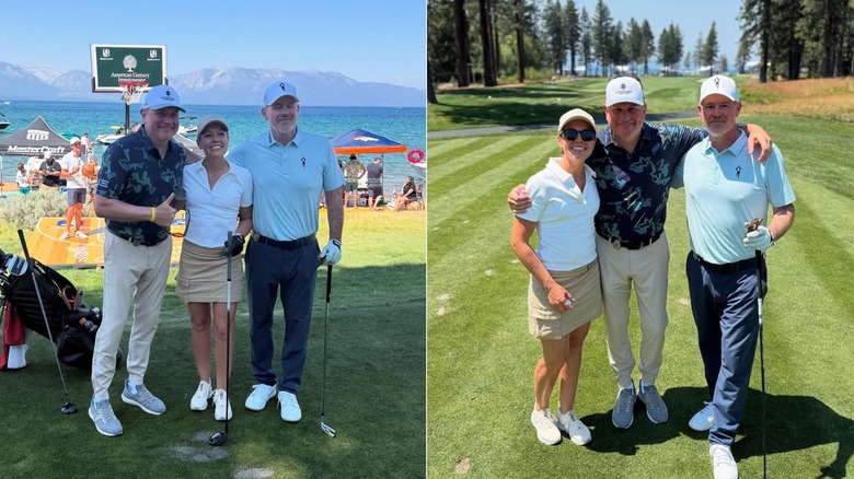 Side-by-side photos of Dylan Dreyer standing beside two men at the American Century Championship in July 2025
