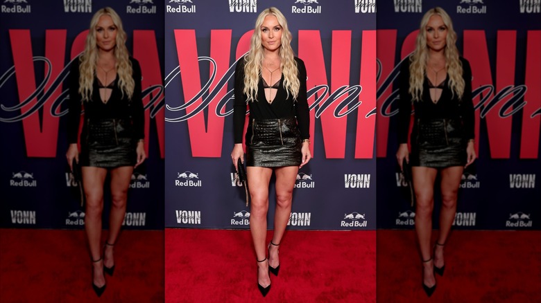 Lindsey Vonn wearing a snakeskin-textured miniskirt