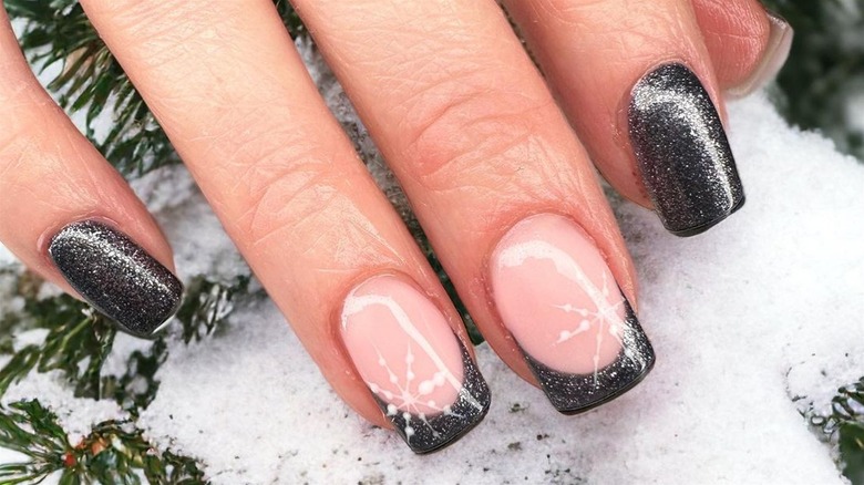 Dark glitter snowflake nails