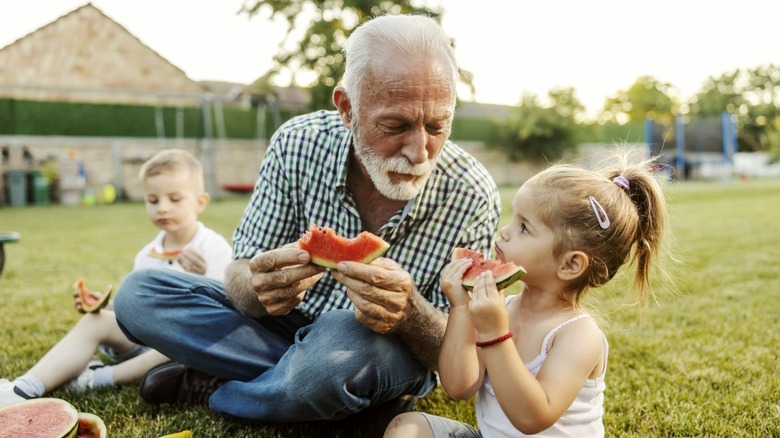 A grandfather eating watermelon with hid two grandchildren