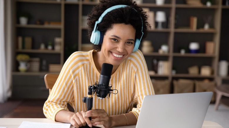 person speaking into microphone