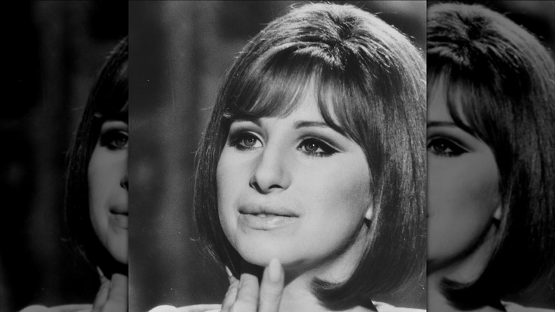 Black-and-white photo of Barbra Streisand with dramatic winged eyeliner in 1970