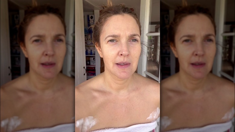 Drew Barrymore with hair removal cream on