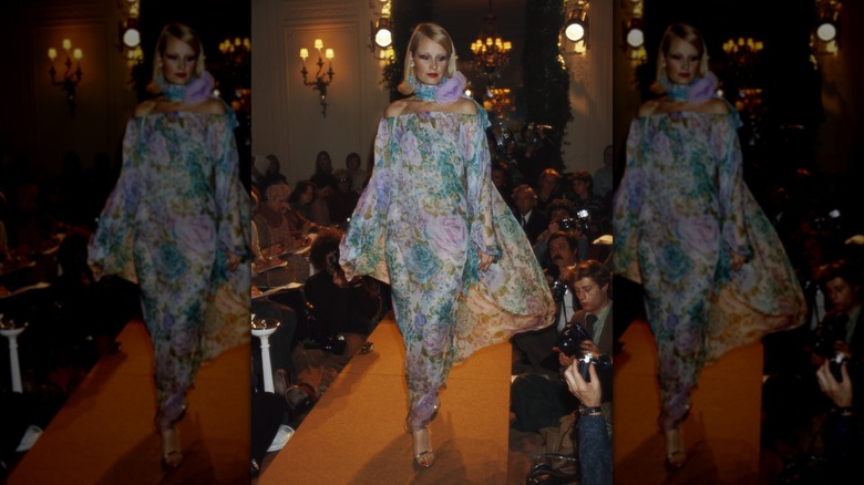 A woman in a boho, floral dress in 1977