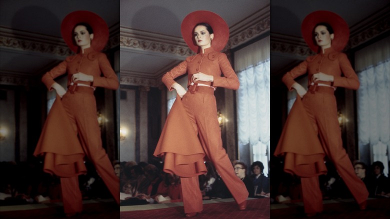 A runway model in a co-ord outfit in 1972