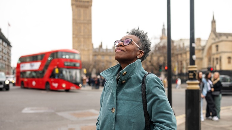 A woman walking around the streets of London