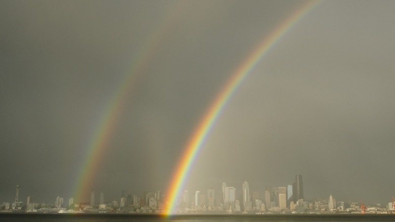 A double rainbow over a city