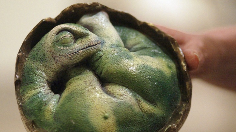 A model of a green dinosaur curled up in an open egg