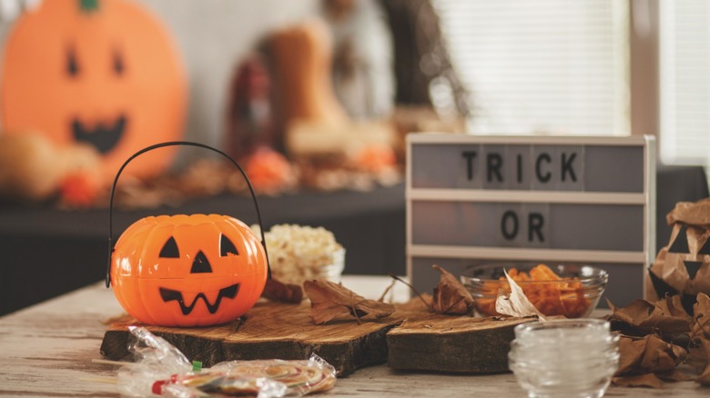 A selection of Halloween decorations on two tables