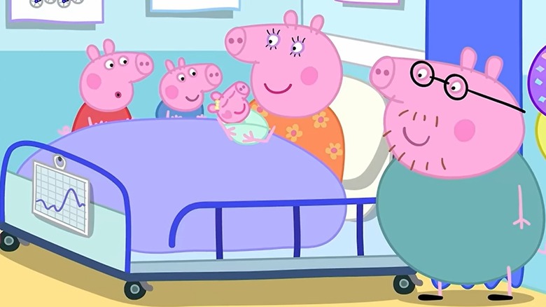 Peppa Pig and her family meeting baby Evie for the first time