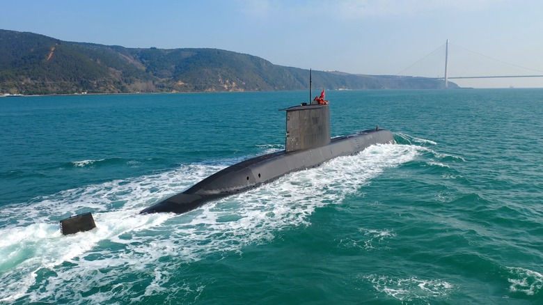 A submarine just above water