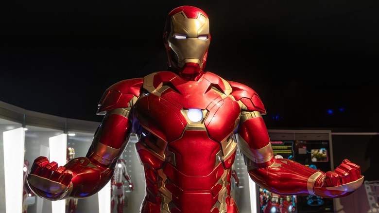 A large Iron Man figure on display