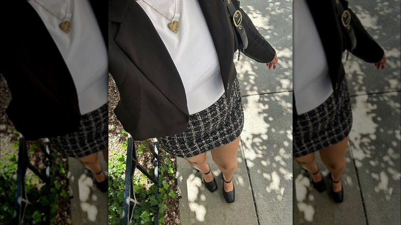 Woman wearing a skirt and Mary Janes