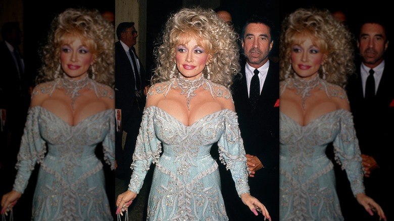 Dolly Parton on the red carpet in an ice blue gown