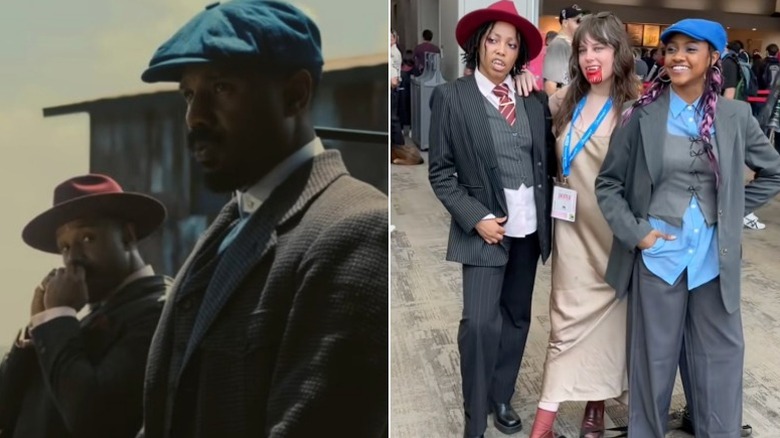 Split image of Michael B. Jordan and group of people in "Sinners" costumes