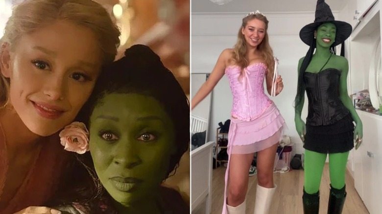 Still of Ariana Granda and Cynthia Erivo as Glinda and Elphaba in "Wicked" and two women dressed as them