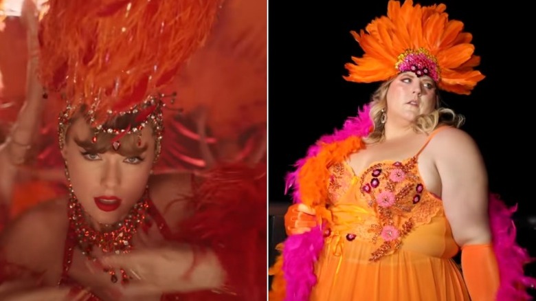 Taylor Swift in orange showgirl outfit beside image of fan in costume recreation