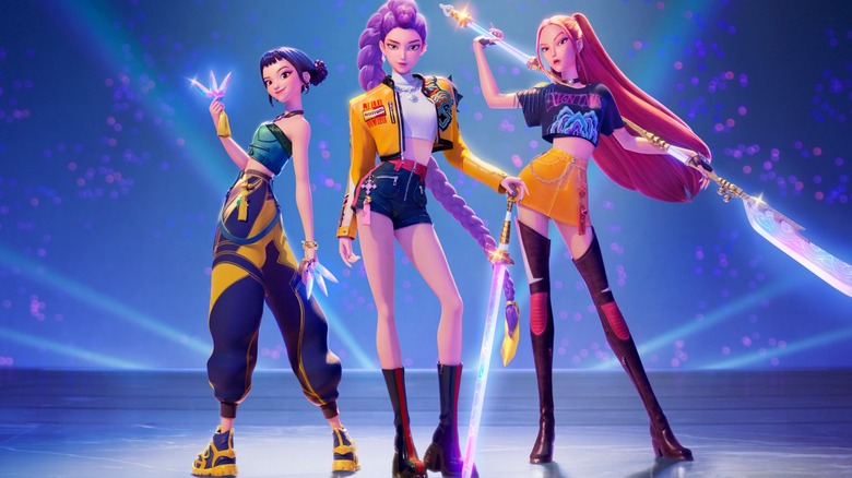 Still of Zoey, Rumi, and Mira in KPop Demon Hunters