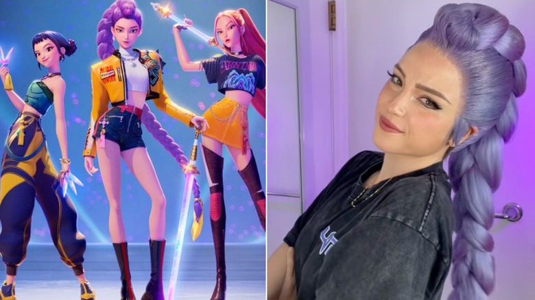 Still of Zoey, Rumi, and Mira in KPop Demon Hunters and woman in a Rumi wig