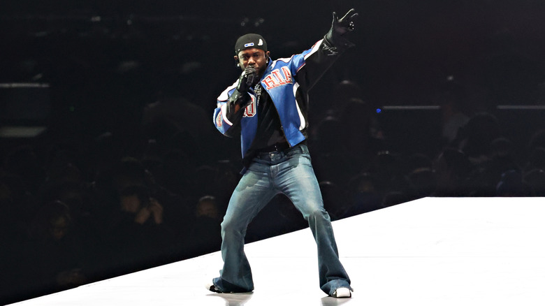 Kendrick Lamar performing at the 2025 Superbowl Halftime show