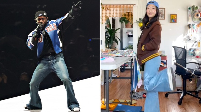 Kendrick Lamar performing at the 2025 Superbowl Halftime show beside woman dressed as him