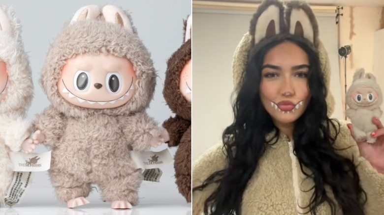 Labubu beside woman dressed as Labubu holding Labubu